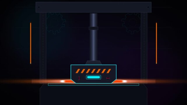 Futuristic industrial press compressing digital data bars with neon glow