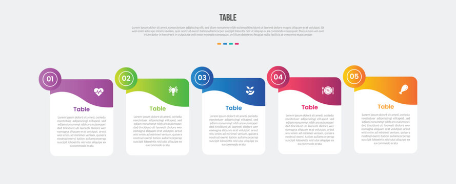 Table box base shape infographics gradient template diagram with square box with swirl header smooth curve with 5 point step creative