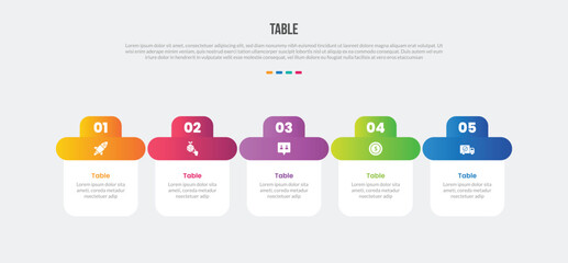Naklejka premium Table box base shape infographics gradient template diagram with creative header on top with reverse t shape with 5 point step creative