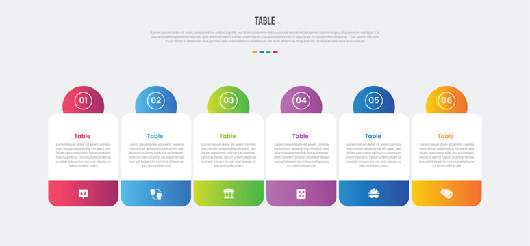 Table box base shape infographics gradient template diagram with circle badge on top layering lined up horizontal direction with 6 point step creative