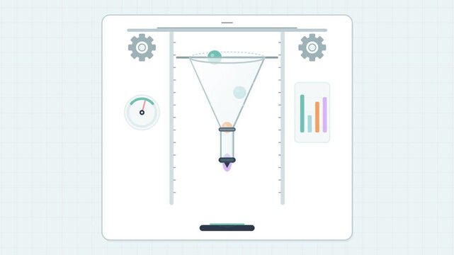 Animated marketing funnel processing data with charts and gears