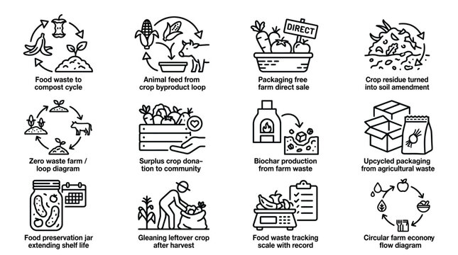 Set of agricultural circular economy icons illustrating sustainable farming practices and waste management.