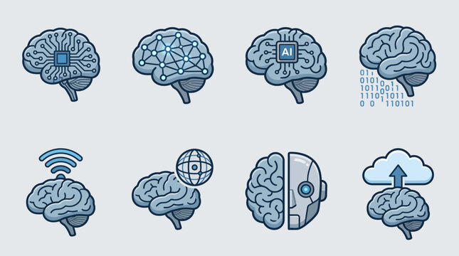 Set of Artificial Intelligence and Brain Technology Icons.