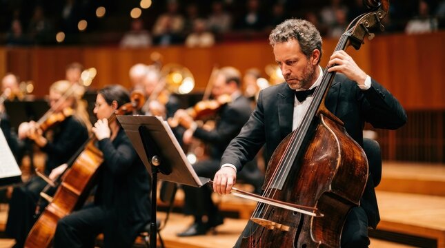 Double bass player performing in orchestra concert with shallow focus