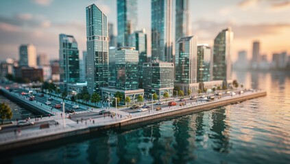 Obraz premium Miniature model city with modern skyscrapers near waterfront embankment. Tilt shift cityscape with glass building, traffic and pedestrians. Urban planning and architecture concept design.