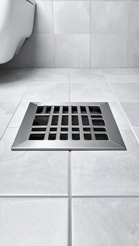 Metallic square drain in tiled bathroom floor, close-up