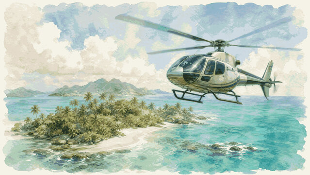 flying sky helicopter over sea isolated watercolor vector illustration svg