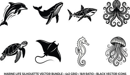 Marine Life Silhouette Vector Bundle Featuring Dolphin Whale Shark Octopus Turtle Stingray Seahorse and Life Silhouette Vector Bundle Featuring  © Prema's World