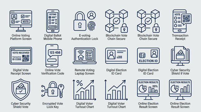 Digital voting and online election icon set for technology and internet security.