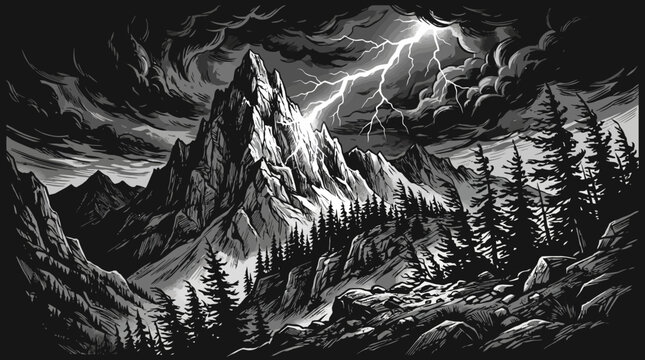 Dramatic black and white illustration of a lightning strike on a mountain peak.