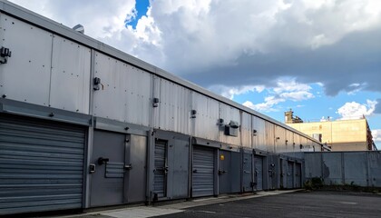 Fototapeta premium Industrial Storage Units with Metal Shutters in a Secure Facility Under a Cloudy Sky