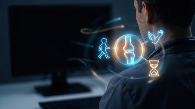 Futuristic Pediatric Care Concept: Neon Azure and Amber Holographic Bone Matrix Interface Over Blurred Physician Workstation