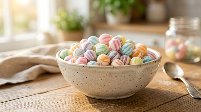 Colorful sweet candy bowl on rustic wooden table setting