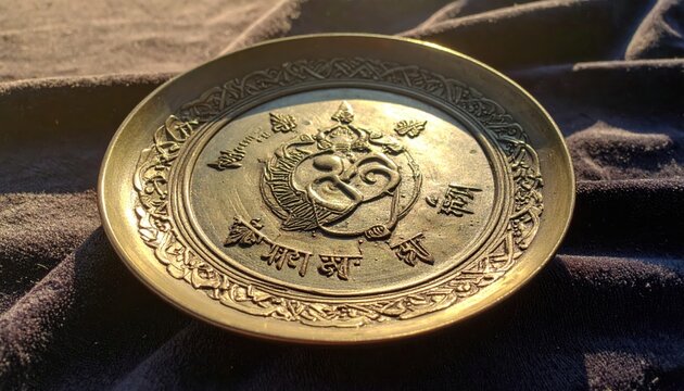 Intricate Sanskrit script etched onto a circular bronze religious plate with ornate detailing, symbolizing ancient spiritual devotion.
