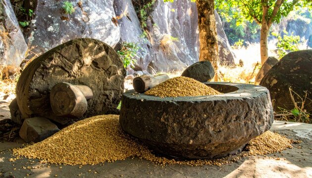 Weathered basalt grinding stone and pestle with grain, showcasing traditional food preparation and heavy use