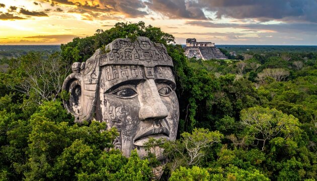 Massive Olmec Stone Head Monument Emerges From Lush Jungle Overlooking Ancient Maya Temple Ruins