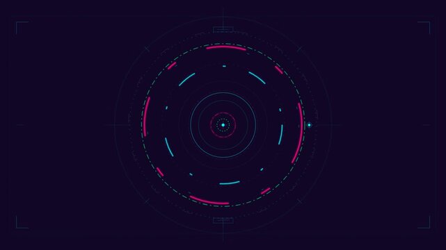 Futuristic circular digital hud interface rotating in neon pink