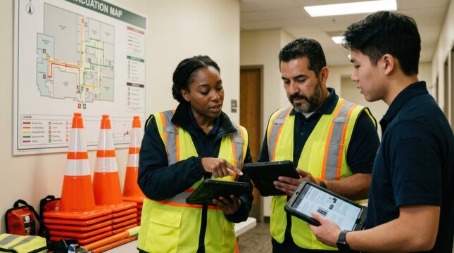 Diverse safety officers focus on reviewing multilingual emergency procedures on rugged tablets framed by a wallmounted evacuation map and neatly organized safety cones under soft