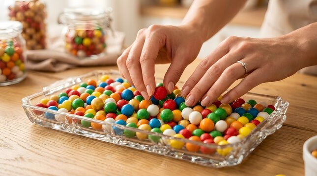 Hands arranging colorful candy bowl on wooden table