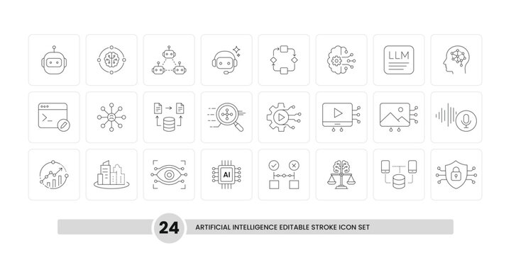 Artificial intelligence and machine learning editable stroke line vector icon set. Neural network, AI brain, and technology outline symbols.