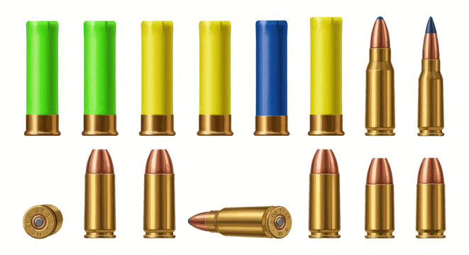 Colored bullets and ammunition rounds.