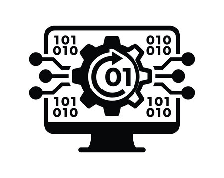 Computer monitor with gear and binary code for digital processing
