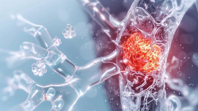 Abstract clear neural network or blood vessel with intense glowing red infected center.