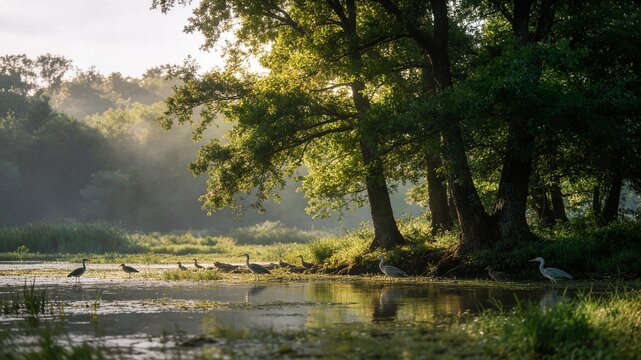 Peaceful lake landscape with herons at sunrise near trees ideal for nature photography environmental conservation and travel marketing projects