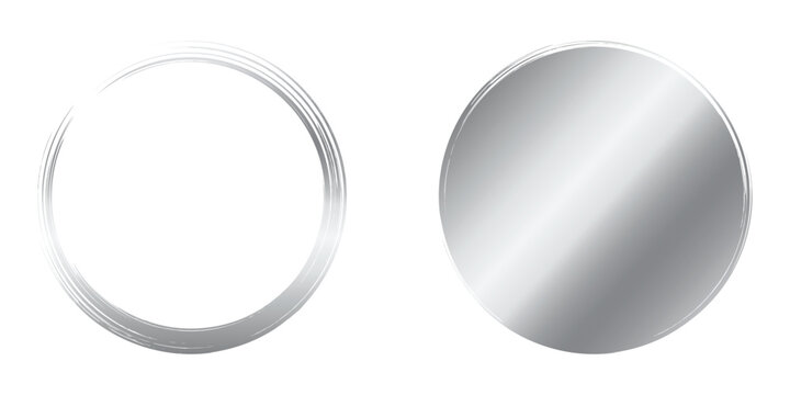 Silver circle frames, brush stroke, metal paint, art texture, vector
