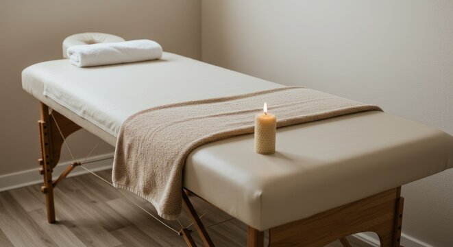 A serene massage table with a towel and candle in a spa room