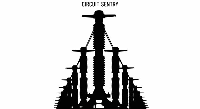 Towering electrical insulators create a striking silhouette against a clean white background.