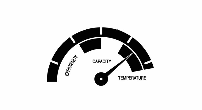 Speedometer indicating high efficiency and temperature, representing peak performance.