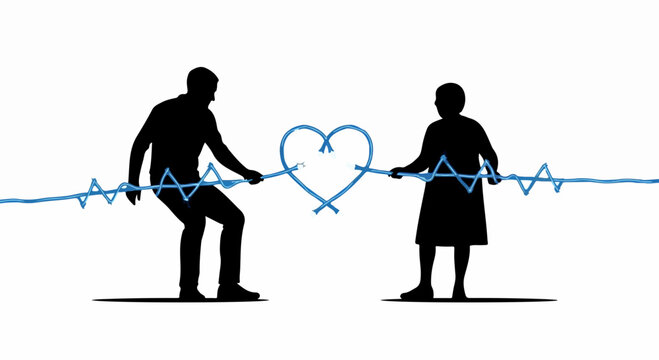 Couple pulls rope forming heart, symbolizing connection and shared destiny