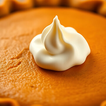 Macro shot of a classic pumpkin pie. Flaky golden-brown crust, smooth matte texture of the spiced pumpkin filling, topped with a single, perfectly piped dollop of fresh whipped cream. Warm studio ligh