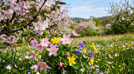 Fototapeta premium Beautiful spring flowers blooming in a vibrant meadow under a sunny sky.