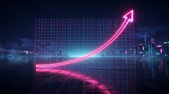 Neon Growth Chart: A vibrant pink neon arrow charts an upward trajectory against a futuristic cityscape, symbolizing financial growth and technological advancement.