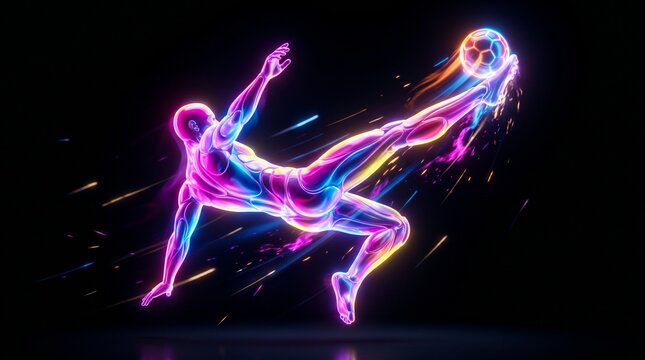 Neon Football Dynamo: An athletic figure in a dynamic pose, rendered in vibrant neon light, executes a powerful bicycle kick with a glowing football.