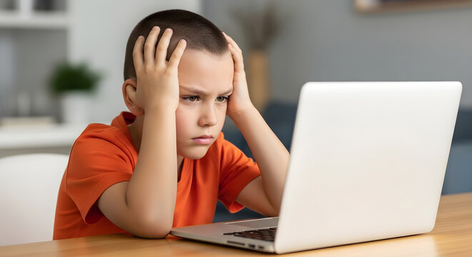 A frustrated young boy sits at a table with his hands on his head looking at a laptop computer