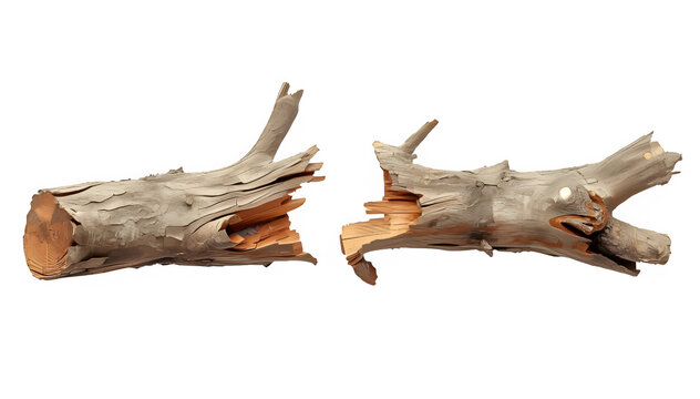 Broken tree branches with natural wood texture isolated on transparent background. Rustic woodland element suitable for nature, forestry, outdoor and design projects.