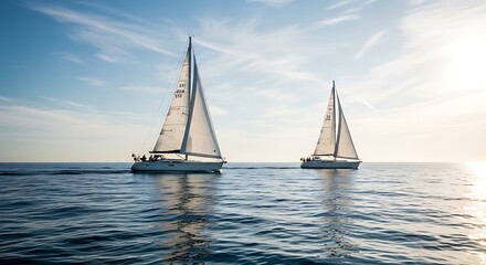 Fototapeta premium Two sailboats cruising on calm sea during a sunny day at sunset