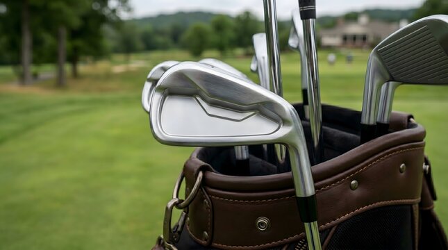 Golf club irons in a brown leather bag on a golf course
