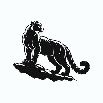 Black panther vector mascot, powerful cougar silhouette standing on rock, athletic mountain lion logo, wild cat feline predator illustration