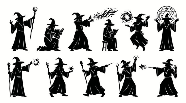 Wizard silhouette vector set featuring magical poses with staffs, spellcasting, reading, conjuring energy, fantasy sorcerer illustration inspiration