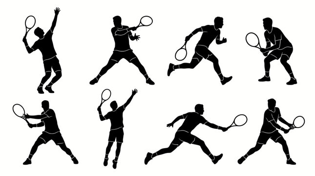 Tennis player silhouette vector set featuring eight dynamic poses with forehand, backhand, serve, volley, athletic motion, sports illustration inspiration