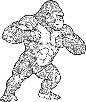 Detailed black and white line art illustration of a powerful aggressive silverback gorilla standing in a strong muscular fighting pose