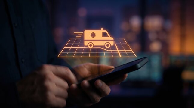 Emergency Dispatch App Concept: Holographic Ambulance Icon Navigating Grid Map Over Smartphone in Dark Ambience