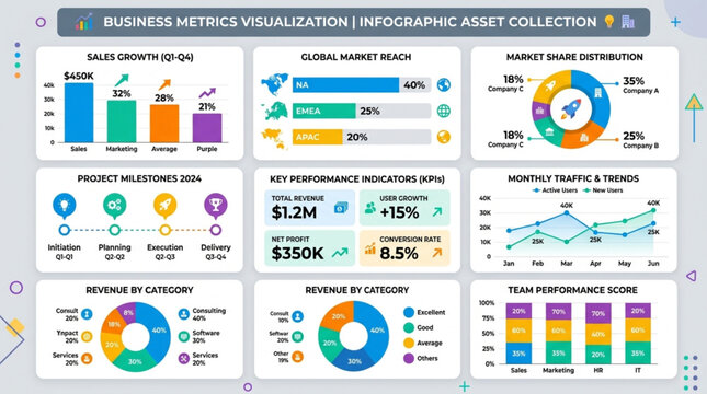 Business analytics infographic dashboard with growth statistics and financial data visualization