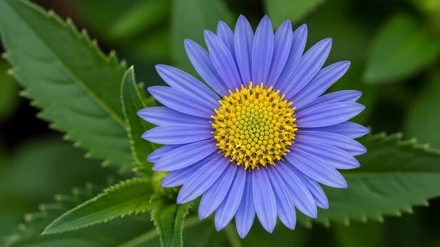 A vibrant purple aster flower blooming in a lush green garden setting
