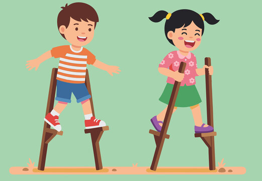 Happy Children Playing on Bamboo Stilts (Egrang) - Traditional Indonesian Game