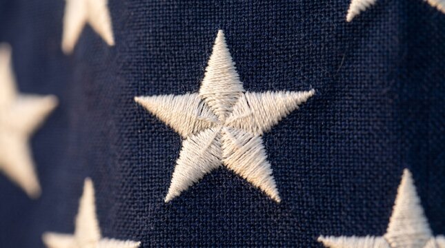 Extreme Close-up of Embroidered American Flag Star with Intricate Stitching on Navy Blue Fabric for Patriot Day Remembrance and Memorial